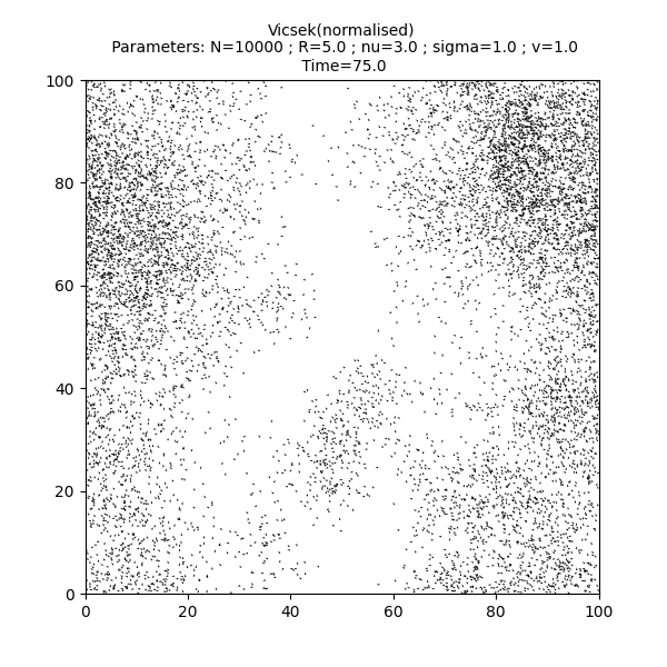 Vicsek(normalised)  Parameters: N=10000 ; R=5.0 ; nu=3.0 ; sigma=1.0 ; v=1.0  Time=75.0