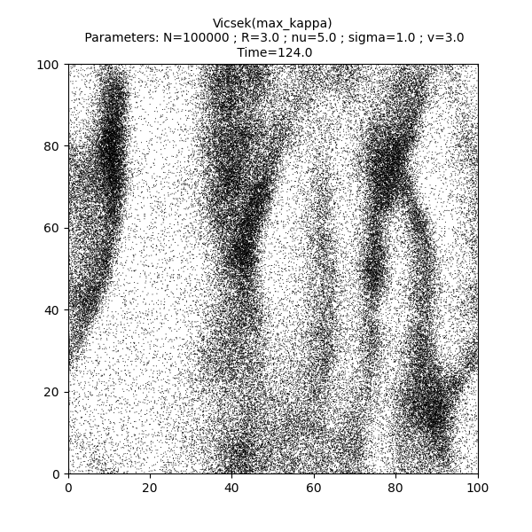 Vicsek(max_kappa)  Parameters: N=100000 ; R=3.0 ; nu=5.0 ; sigma=1.0 ; v=3.0  Time=124.0