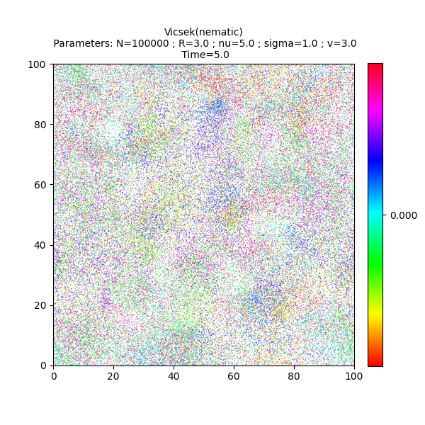 Vicsek(nematic)  Parameters: N=100000 ; R=3.0 ; nu=5.0 ; sigma=1.0 ; v=3.0  Time=5.0