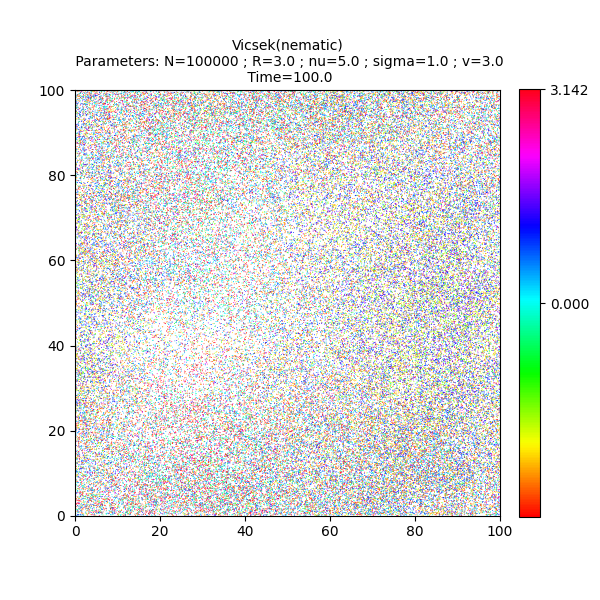 Vicsek(nematic)  Parameters: N=100000 ; R=3.0 ; nu=5.0 ; sigma=1.0 ; v=3.0  Time=100.0