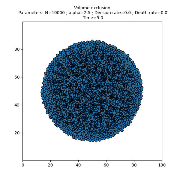 Volume exclusion  Parameters: N=10000 ; alpha=2.5 ; Division rate=0.0 ; Death rate=0.0  Time=5.0