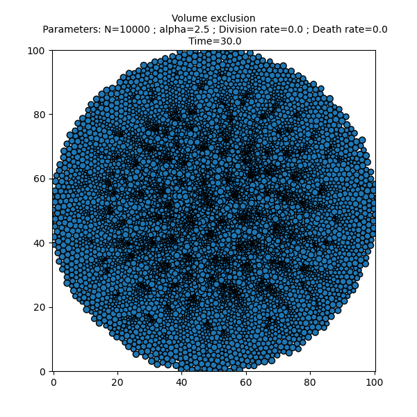 Volume exclusion  Parameters: N=10000 ; alpha=2.5 ; Division rate=0.0 ; Death rate=0.0  Time=30.0