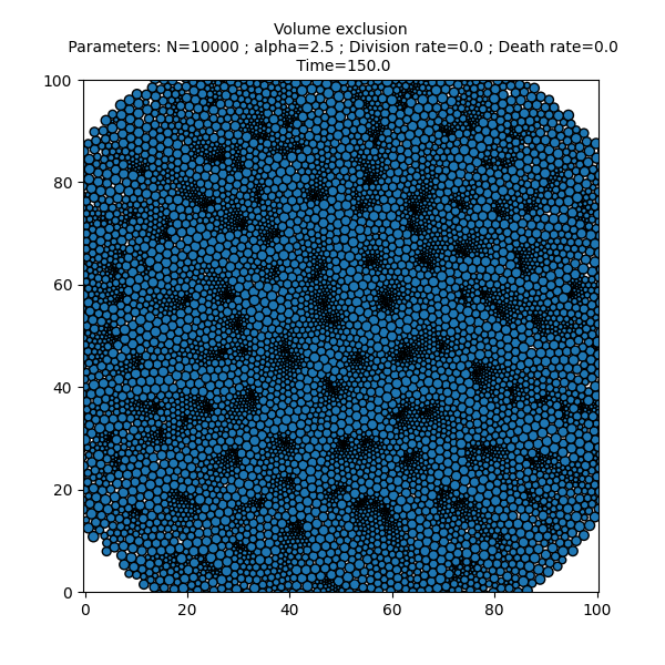 Volume exclusion  Parameters: N=10000 ; alpha=2.5 ; Division rate=0.0 ; Death rate=0.0  Time=150.0