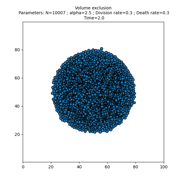 Volume exclusion  Parameters: N=10007 ; alpha=2.5 ; Division rate=0.3 ; Death rate=0.3  Time=2.0