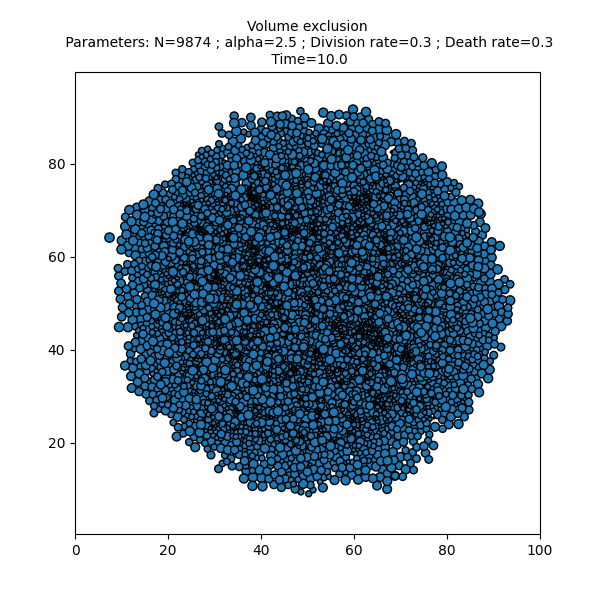 Volume exclusion  Parameters: N=9874 ; alpha=2.5 ; Division rate=0.3 ; Death rate=0.3  Time=10.0
