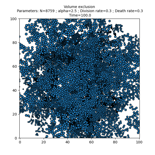 Volume exclusion  Parameters: N=8759 ; alpha=2.5 ; Division rate=0.3 ; Death rate=0.3  Time=100.0