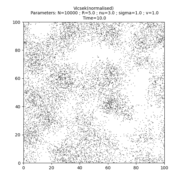 Vicsek(normalised)  Parameters: N=10000 ; R=5.0 ; nu=3.0 ; sigma=1.0 ; v=1.0  Time=10.0
