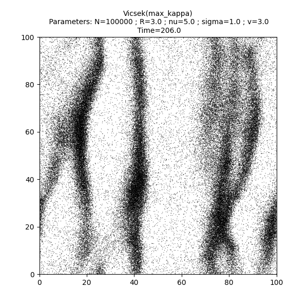 Vicsek(max_kappa)  Parameters: N=100000 ; R=3.0 ; nu=5.0 ; sigma=1.0 ; v=3.0  Time=206.0