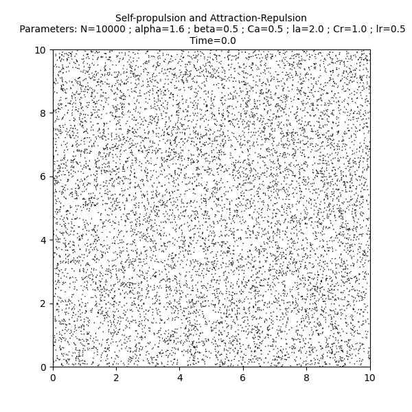 Self-propulsion and Attraction-Repulsion  Parameters: N=10000 ; alpha=1.6 ; beta=0.5 ; Ca=0.5 ; la=2.0 ; Cr=1.0 ; lr=0.5  Time=0.0