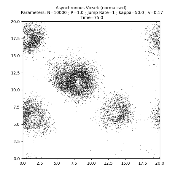 Asynchronous Vicsek (normalised)  Parameters: N=10000 ; R=1.0 ; Jump Rate=1 ; kappa=50.0 ; v=0.17  Time=75.0