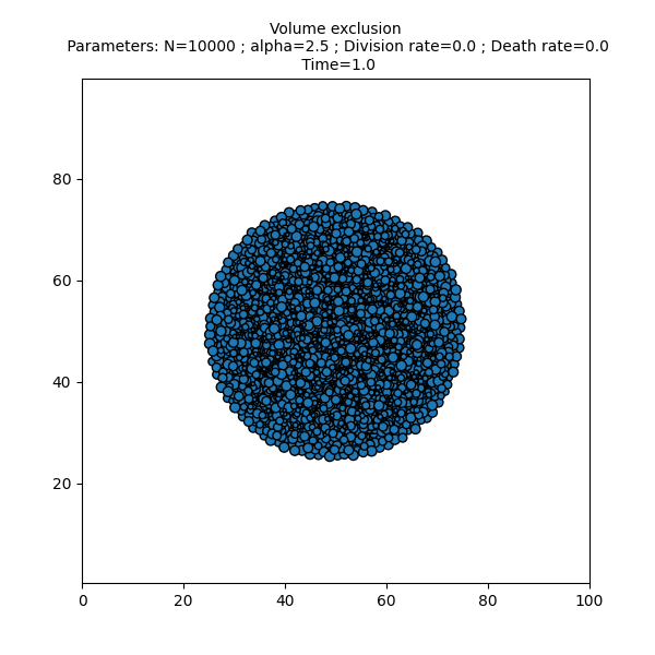 Volume exclusion  Parameters: N=10000 ; alpha=2.5 ; Division rate=0.0 ; Death rate=0.0  Time=1.0