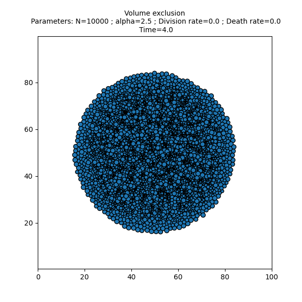 Volume exclusion  Parameters: N=10000 ; alpha=2.5 ; Division rate=0.0 ; Death rate=0.0  Time=4.0