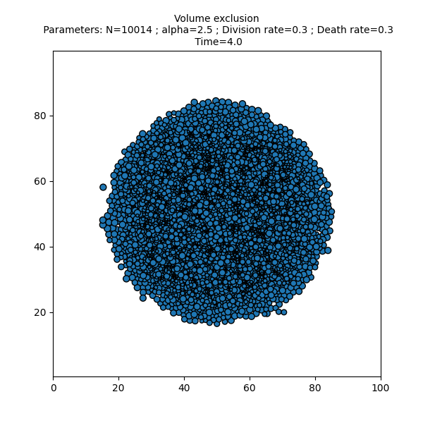 Volume exclusion  Parameters: N=10014 ; alpha=2.5 ; Division rate=0.3 ; Death rate=0.3  Time=4.0