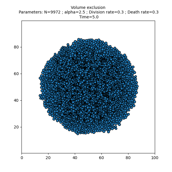 Volume exclusion  Parameters: N=9972 ; alpha=2.5 ; Division rate=0.3 ; Death rate=0.3  Time=5.0