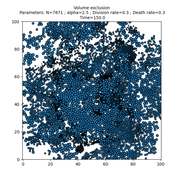 Volume exclusion  Parameters: N=7871 ; alpha=2.5 ; Division rate=0.3 ; Death rate=0.3  Time=150.0